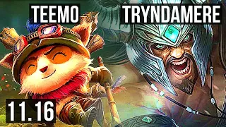 TEEMO vs TRYNDAMERE (TOP) | Rank 2 Teemo, 7/1/6, 1.4M mastery, 300+ games | KR Master | v11.16