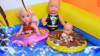 BABY'S FIRST SWIM IN THE POOL! KATYA and MAX a FUN FAMILY Cartoons with Barbie dolls LOL