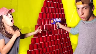 Giant Cup Tower Nerf Gun Challenge!