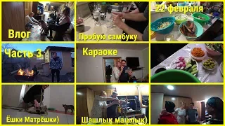 Влог, 22.02, У Шаповаловых, Шашлык машлык, Собаки барабаки, Ёшки Матрёшки, Пробую самбуку, Караоке