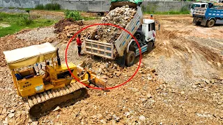 Nice Incredible Develop Landfill by KOMATSU Bulldozer D20P Pushed Spreading Stone & Team Truck 5Ton