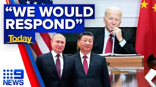 US President warns China to not support Russia in war on Ukraine | 9 News Australia