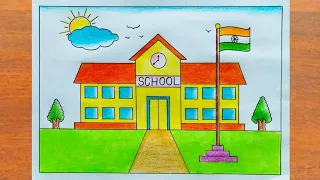 School Scenery Drawing Easy / How to Draw a School Easy Step By Step / My School Drawing Easy