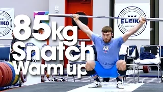 85kg Warm Up Area Snatches with Okulov Apti Aukhadov Tian Tao 2015 World Weightlifting Championships