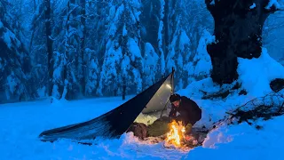 SOLO WINTER CAMPING alone OVERNIGHT in the FOREST | COZY HOT WINTER SHELTER | ASMR