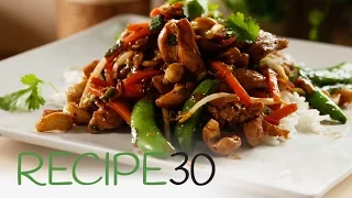 Chicken Thai stir fry with cashews and sugar snap peas