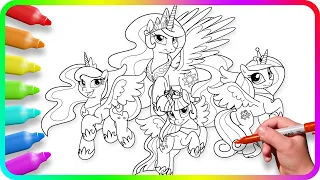 Coloring Pages MY LITTLE PONY - 4 Princesses. How to color My Little Pony. Easy Drawing Tutorial Art