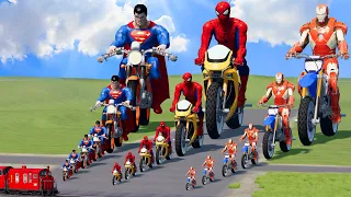 Big & Small: Superman vs Spiderman vs Iron Man on a motorcycle vs Train | BeamNG.Drive