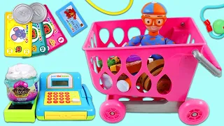 Blippi Goes Grocery Shopping with Toy Shopping Cart & Cash Register for BBQ Grilling Party!