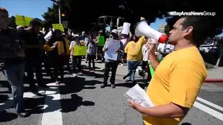 Protestors call for property tax reform during a demonstration at the Chevron refinery in Richmond,