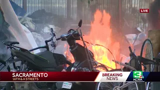 Fire breaks out at homeless encampment in Sacramento