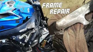 2012 GSXR 1000 Wrecked Bike Rebuild (PT. 3 TOTALED frame REPAIRED)