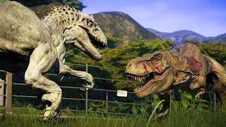 T-REX vs ALL LARGE CARNIVORE DINOSAURS BATTLE IN JURASSIC WORLD EVOLUTION