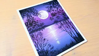 Full Moon Painting Tutorial for Beginners | How to Paint Purple Full Moon | Easy Night Sky Painting