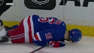Ryan Strome slow to get up after a solid hit by Matt Roy