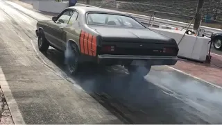 Plymouth Duster drag car with a Don Carlton themed paint