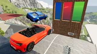 Crazy Vehicle High Speed Jump Through Blue Or Red Or Green Slime Water Wall Crashes - BeamNG drive