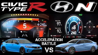 2023 Hyundai Elantra N DCT vs 2023 Honda Civic Type R Acceleration and Stock Exhaust Sounds