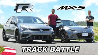 2019 Mazda MX-5 vs VW Golf R - TRACK REVIEW // DRAG RACE & LAP TIMES