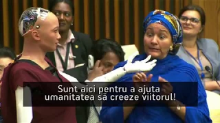 Robotul Sophia la ONU Conversatie cu deputatul ONU Amin Mohammed titrat in romana FULL HD