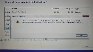 Fixed How to Solve error Windows can not be installed on this disk The disk has MBR Partition Table