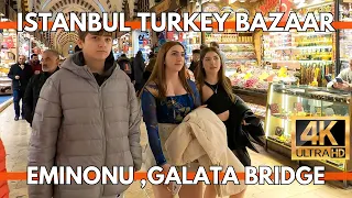 ISTANBUL TURKEY EMINONU BAZAAR,EGYPTIAN BAZAAR,GALATA BRIDGE CITY CENTER 4K UHD WALKING TOUR 2024
