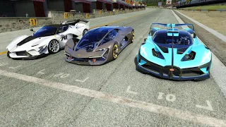 Lamborghini Terzo Millennio vs Bugatti Bolide vs Ferrari FXX-K Evo at Old Spa