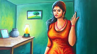 Painting of a beautiful indian woman in the house | indoor painting