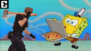 Leon Kennedy trying to get a pizza from Spongebob