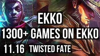 EKKO vs TWISTED FATE (MID) | 8/0/7, 1300+ games, 1.3M mastery, Legendary | KR Diamond | v11.16