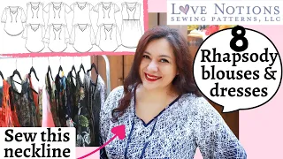 How to sew a bias bound neckline. HUGE ROUNDUP OF 8 Rhapsody Blouses. Different fabrics & styles.