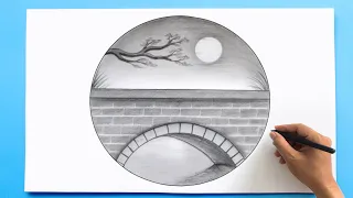 Landscape Drawing in a circle | Pencil Sketch Bridge drawing tutorial