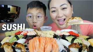 SUSHI *Aburi & Nigiri Sushi, Salmon Sashimi & Shrimp Tempura Mukbang | N.E Let's Eat