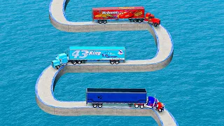 Mack Truck vs King Dinoco vs Optimus Prime vs Impossible Spiral Bridge Vs Deep Water - BeamNG.Drive