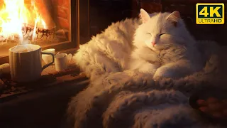 Relax with Purring Cat and Crackling Fireplace 4K 🔥 Sleep in Cozy Ambience