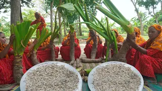 Giant Taro & Shrimp Recipe - Maan Kochu & Chingri Gravy Curry Cooking for Village People