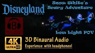 [4K, 3D Audio] Disneyland Snow White's Scary Adventure Low Light POV Line + Ride Binaural 3D Audio