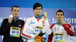 [Sun Yang] victory ceremony of men's 1500m fr  in 2011 FINA world championships in Shanghai