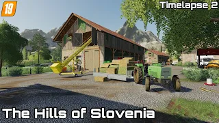 Making straw bales ,hauling bales,stacking bales | The Hills of Slovenia | [FS19] Timelapse #02