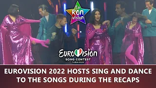 Eurovision 2022 hosts sing and dance to the songs during the recaps