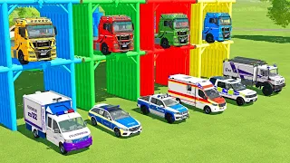 MAN RESCUE, MERCEDES AMBULANCE, AMBULANCE, POLICE CARS TRANSPORTING TO GARAGE WITH TRUCK - FS22