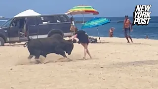 Distressing moment a wild bull attacks a tourist in front of onlookers on popular Mexico beach