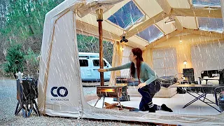 Awesome 2 Room inflatable tent with hot woodstove cozy Camping  in the rain ASMR