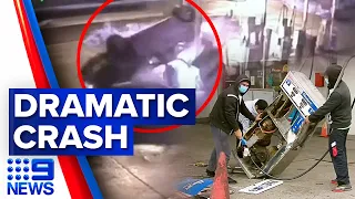 CCTV captures moment car crashes into Melbourne petrol station | 9 News Australia