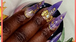 WATCH ME WORK MY 》PURPLE AND GOLD ACRYLIC NAILS