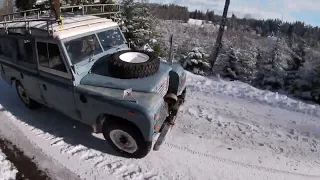 Driving the 1978 Land Rover series III 109 on snowy winter roads, filming different camera angles