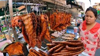 Best popular Cambodian street food - Tasty delicious Grilled duck fish, Pigs intestine & pork ribs