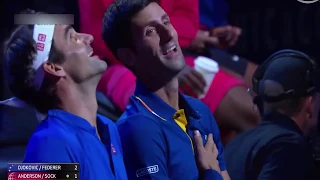 Djokovic gets hit in the chest Laver Cup 2018