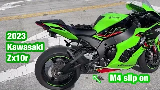 2023 Kawasaki zx10r  m4 slip on exhaust review with and without the baffle