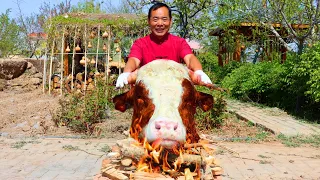 Huge Bull Head Burnt in Fire Till Golden & Braised in Crazy Spicy Broth | Uncle Rural Gourmet
